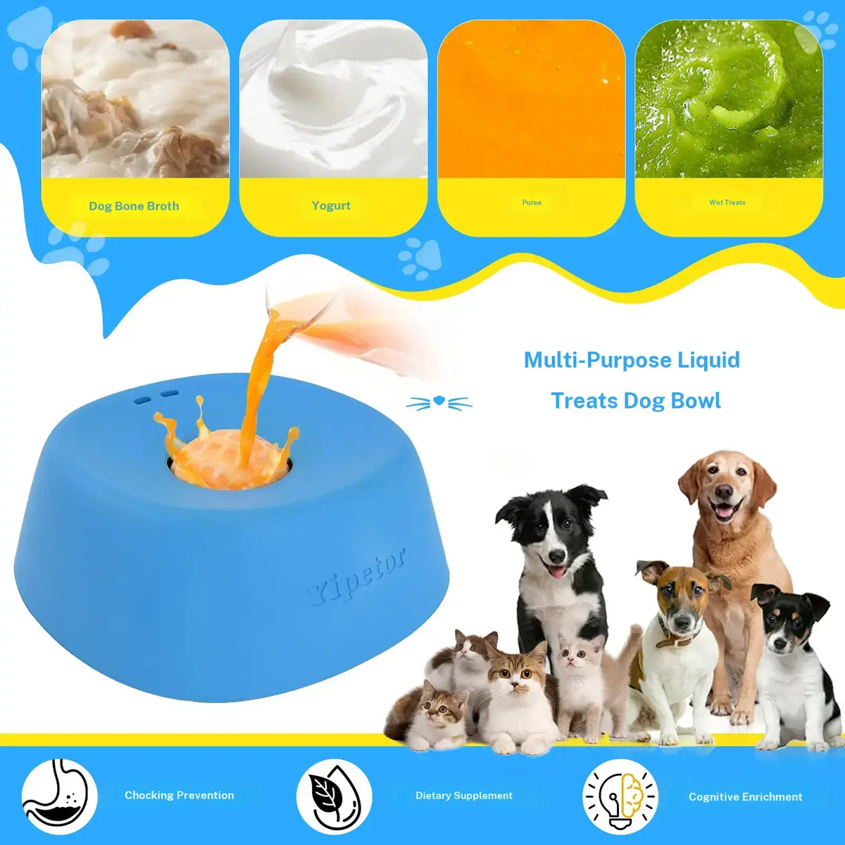 Yipetor Slow Feeder Dog Bowls for Liquid Treat, [Built in Rolling Ball] No Spill Bone Broth Dog Licking Bowl, Multi Purpose Puppy Yogurt Feeder Bowl for All Breeds Dietary Supplement/Post Op Nutrition Feeding